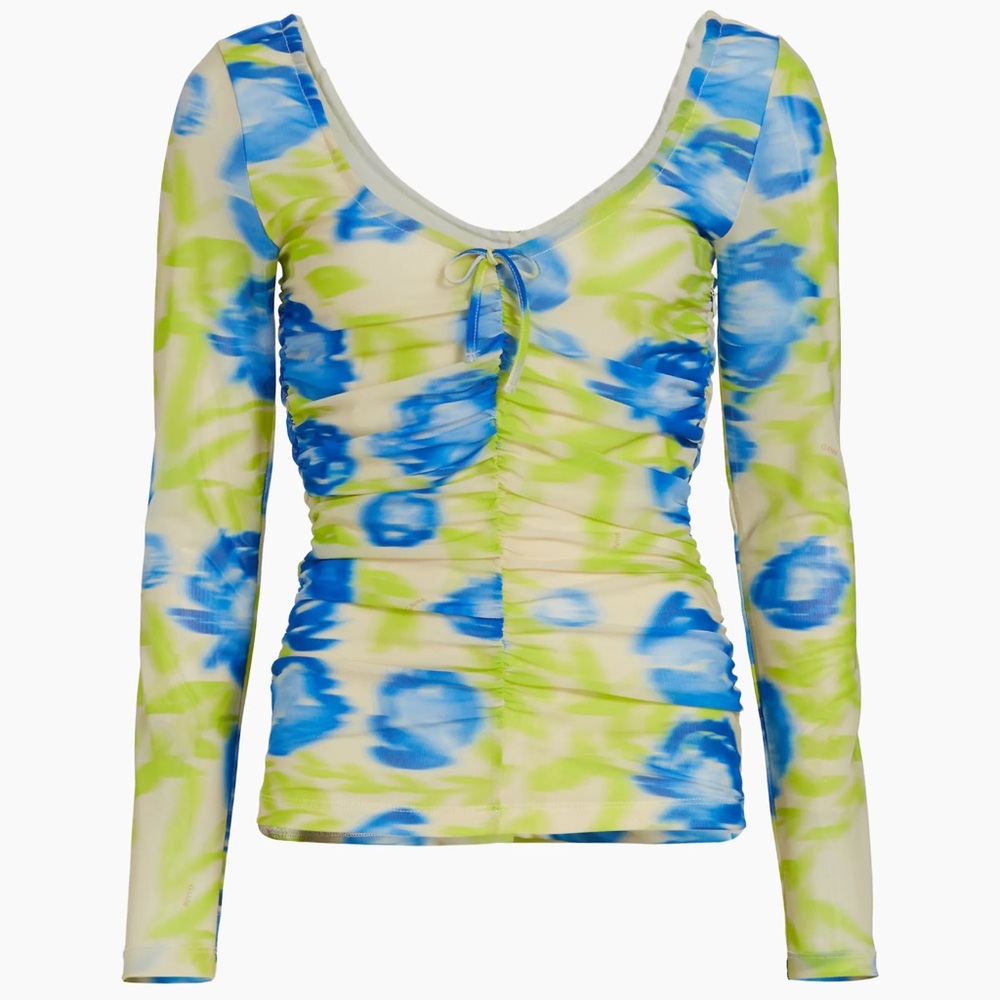 GANNI FLORAL MESH SCOOP-NECK TOP